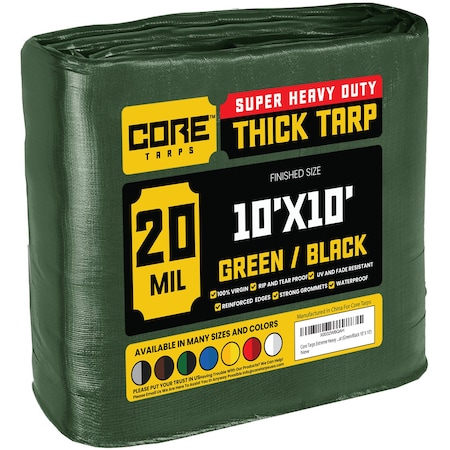 Core Tarps Heavy Duty Tarp, 10 ft L x 0.5 mm H x 10 ft W, 20 Mil, Green/Black, Polyethylene CT-703-10X10